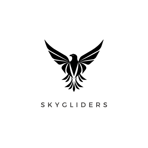 "Minimalist black and white logo of 'Skygliders,' featuring a stylized eagle with outstretched wings."