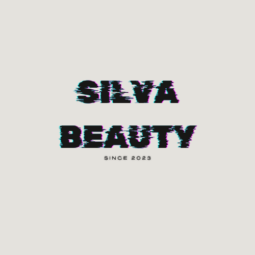 "Silva Beauty logo with a digital glitch effect on bold black text, accented with cyan and magenta, placed on a light beige background."