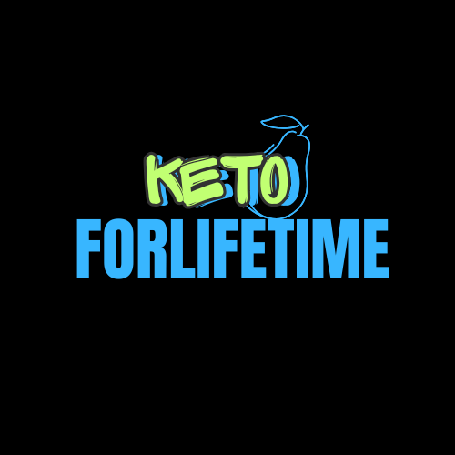 "Keto For Lifetime logo with bright green and blue text on a black background, featuring a stylized fruit outline integrated into the typography."