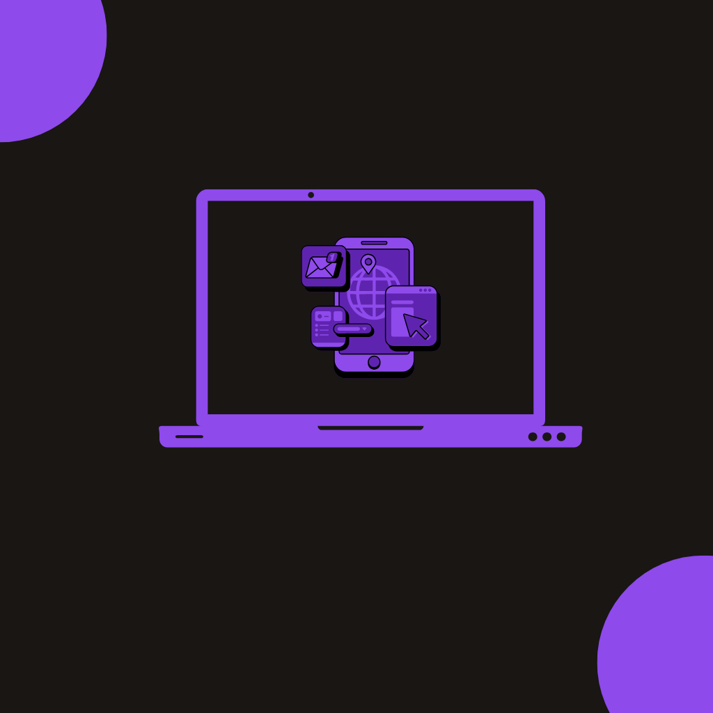 "Illustration of a laptop screen displaying digital marketing and web development icons, representing online business and website optimization."
