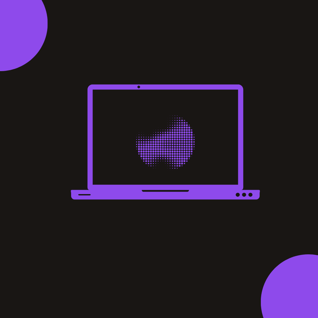 "Illustration of a laptop in purple on a black background, displaying an abstract graphic design made of halftone dots."