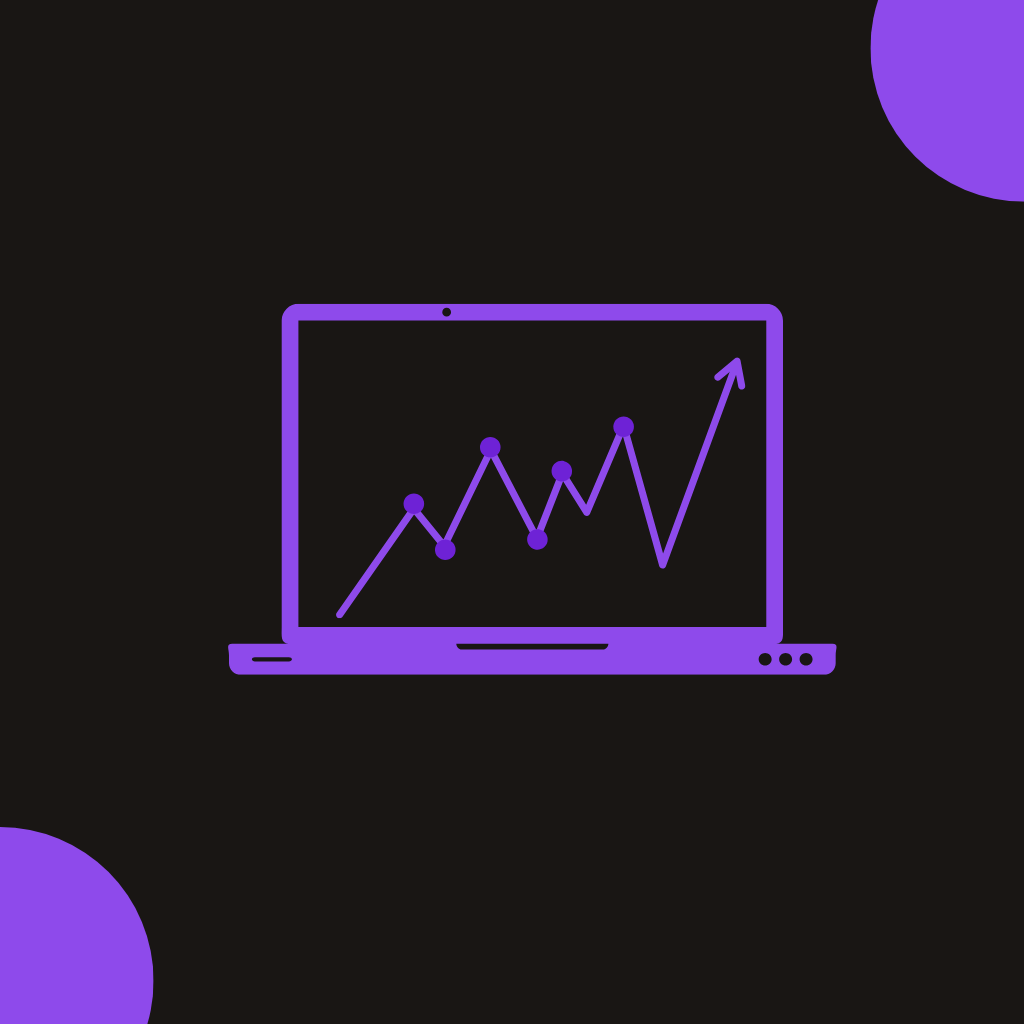"Illustration of a laptop in purple on a black background, depicting marketing growth with an upward-trending graph."