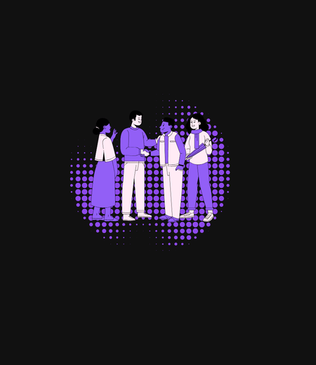 "Illustration of a diverse team networking, meeting, and greeting each other with a purple halftone effect on a black background."