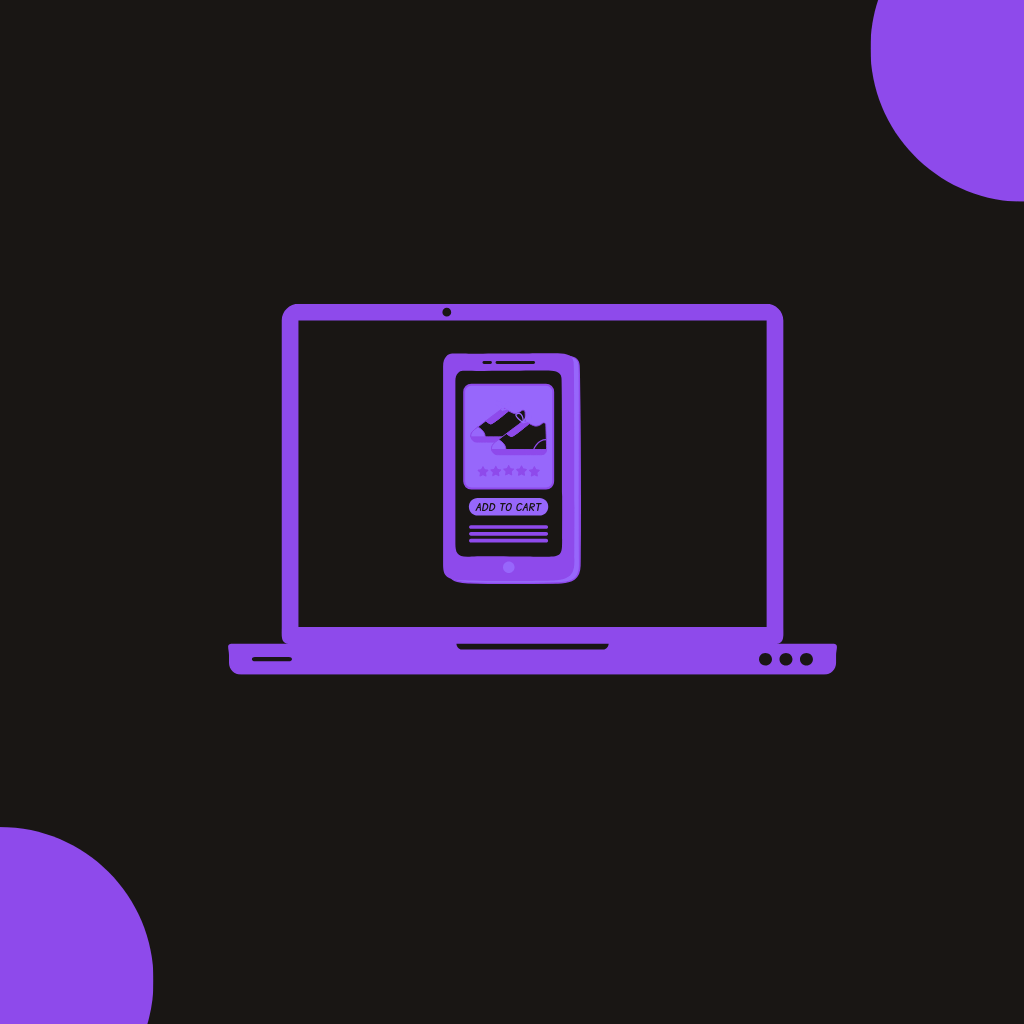 "Minimalist illustration of a laptop displaying an e-commerce ad on a mobile phone screen, featuring a shoe product with an 'Add to Cart' button."