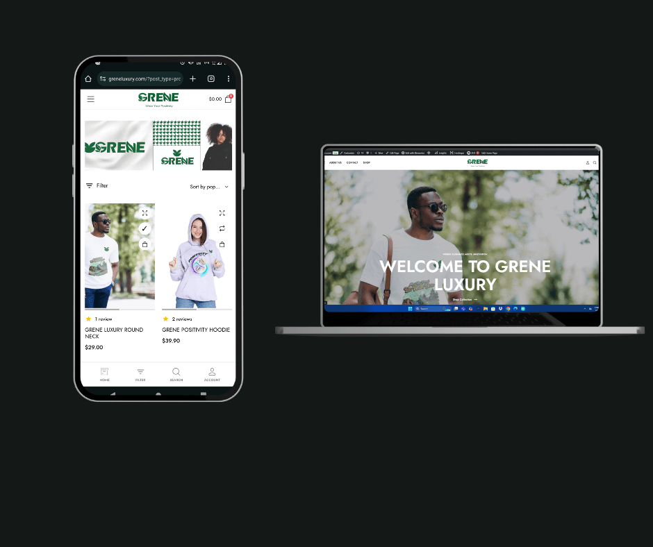 Desktop and Mobile mockups of the clothing brand website Greneluxury